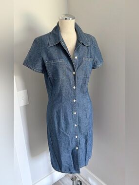 90s Cherokee Women’s Blue Denim Shirt Dress Collared Button Front Short Sleeve S